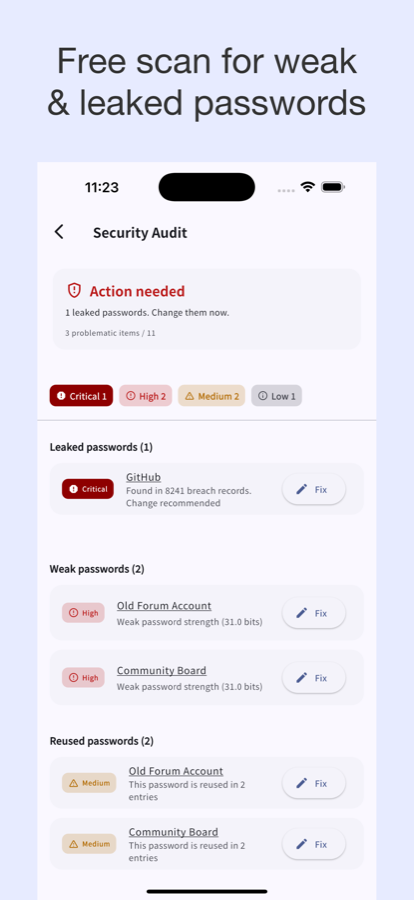 Screenshot of the security audit screen, listing leaked, weak, and reused passwords